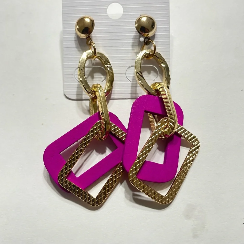 Multi-Shape Colorful Wooden with Gold-Tone Dangle Earrings, Push Back Closure - Picture 6 of 13